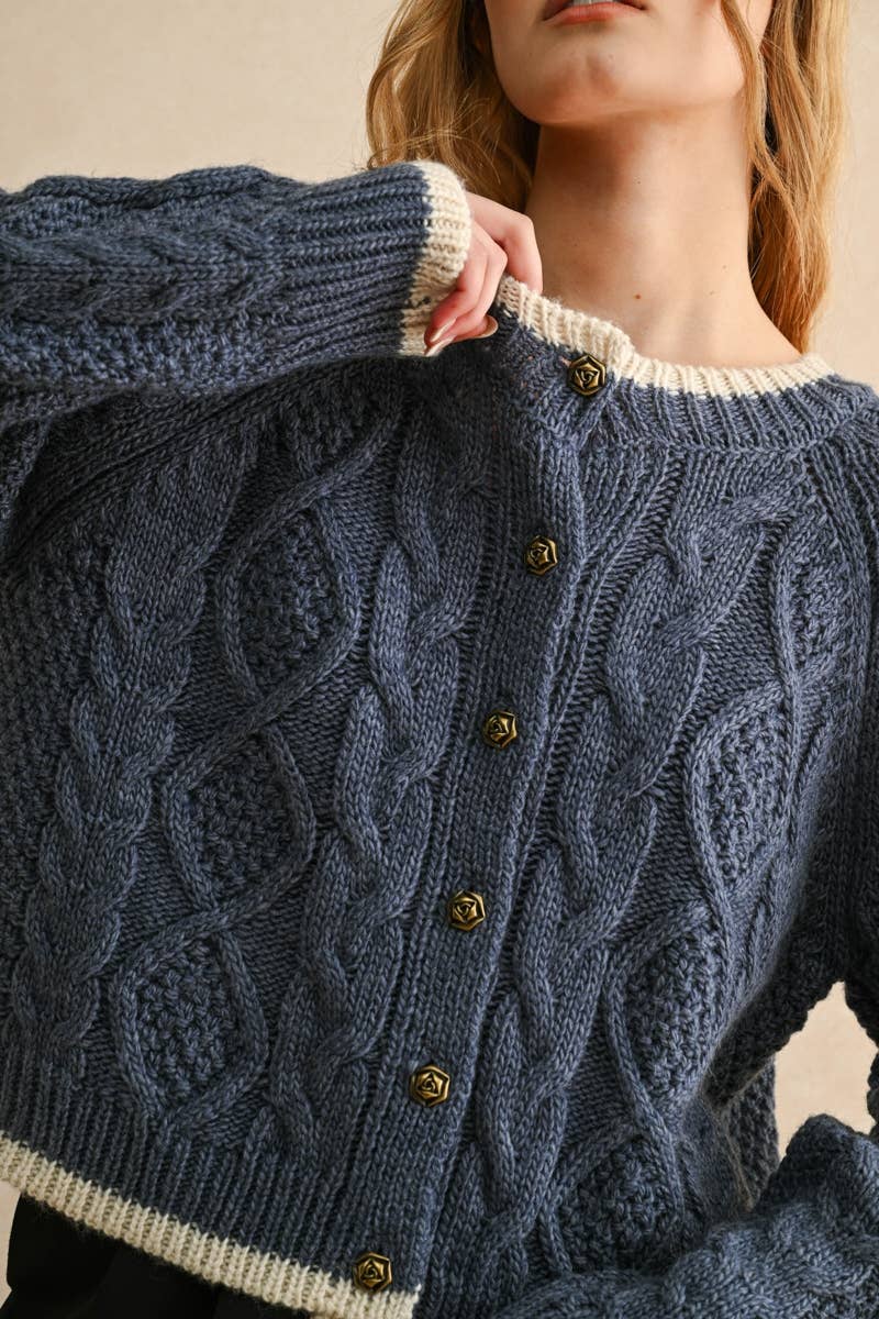navy cable knit button up