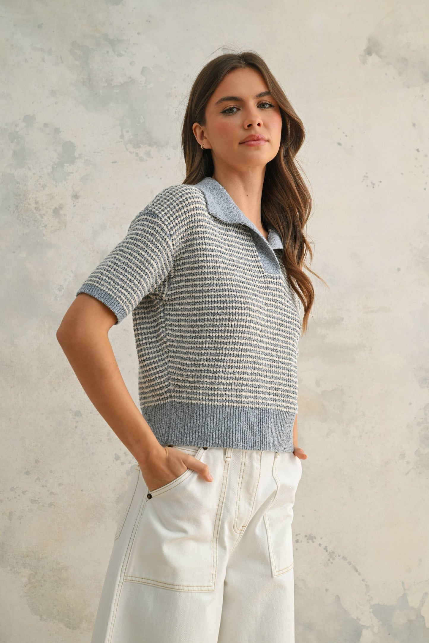 blue knit blouse