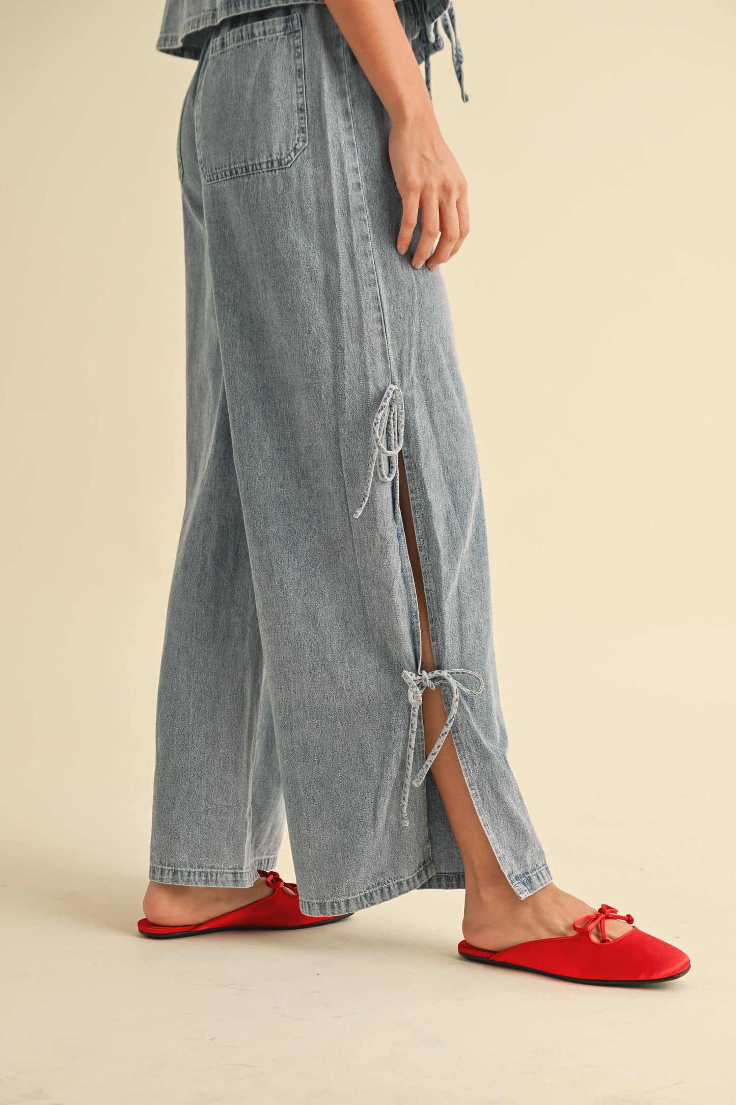 denim bow tie pants