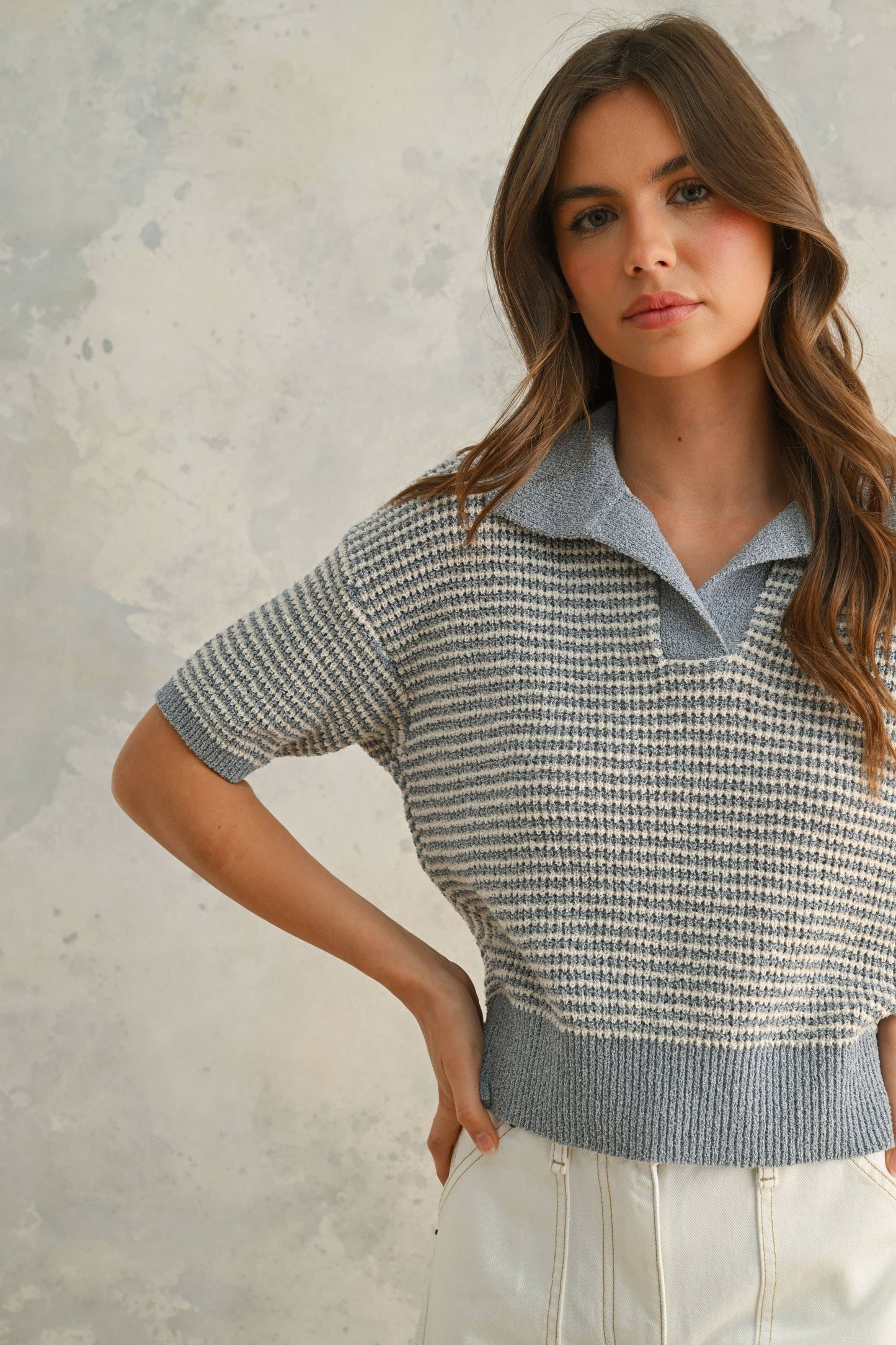 blue knit blouse