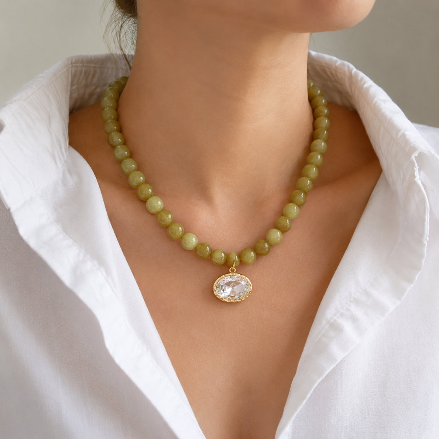 Marbled Bead Glass Crystal Pendant Necklace
