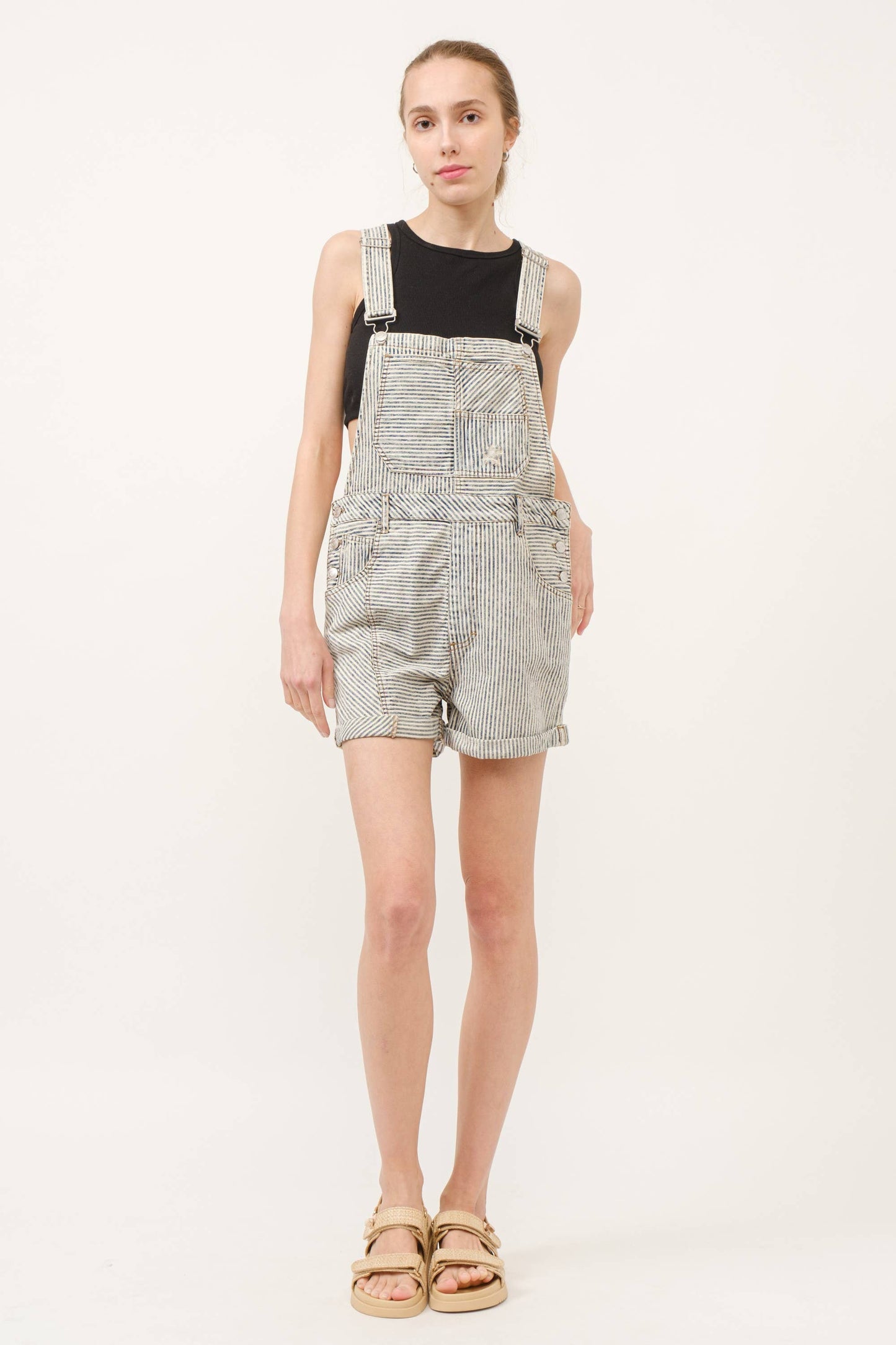 striped denim overalls