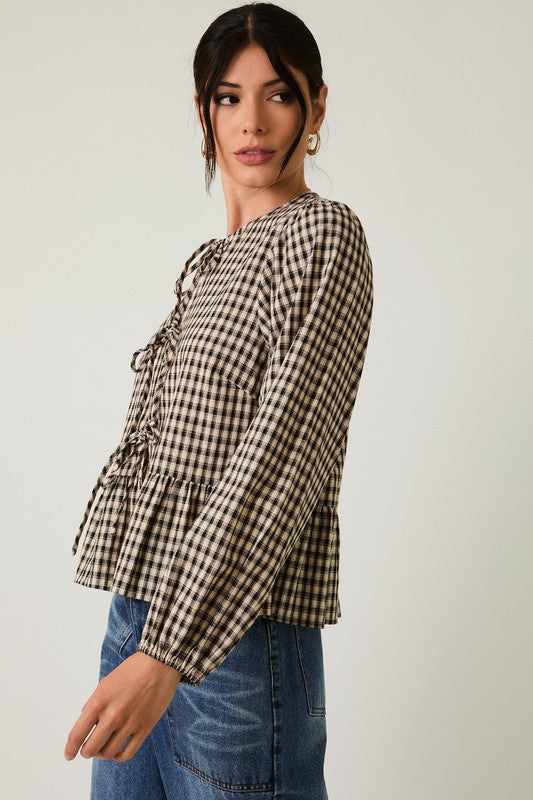 gingham tie blouse