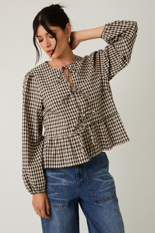 gingham tie blouse