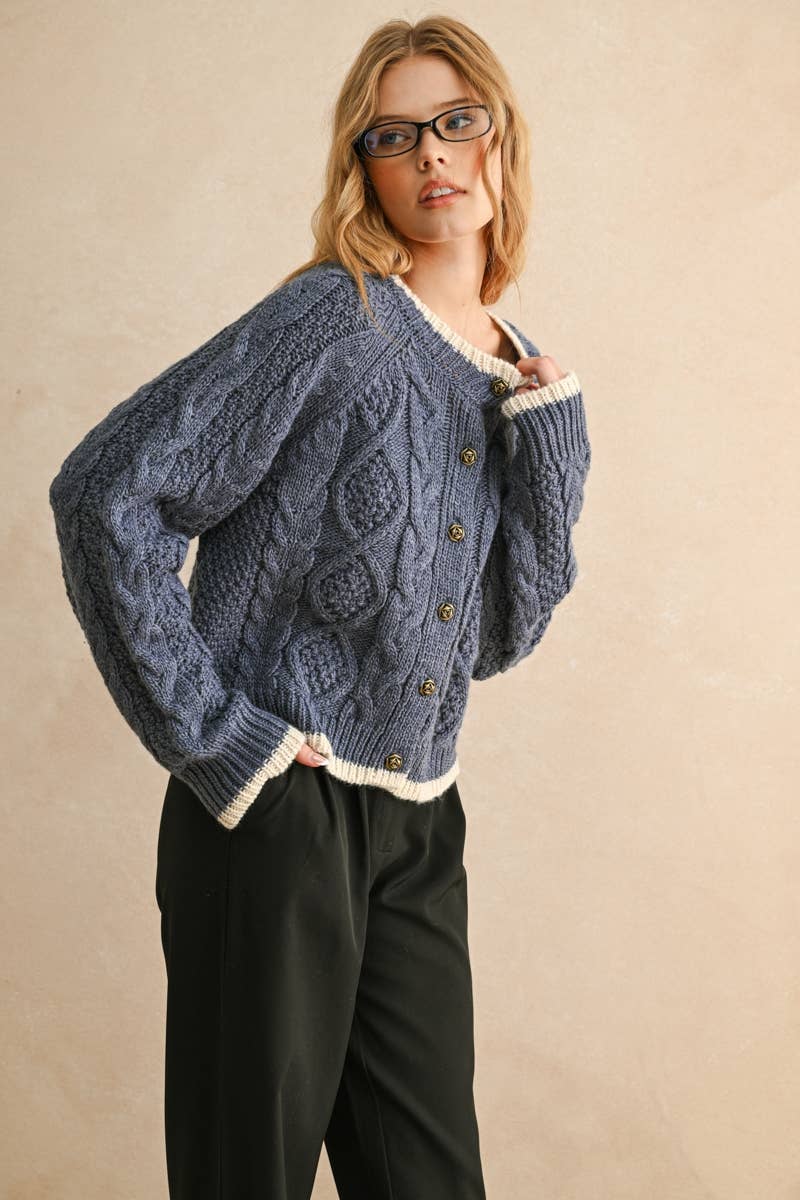 navy cable knit button up