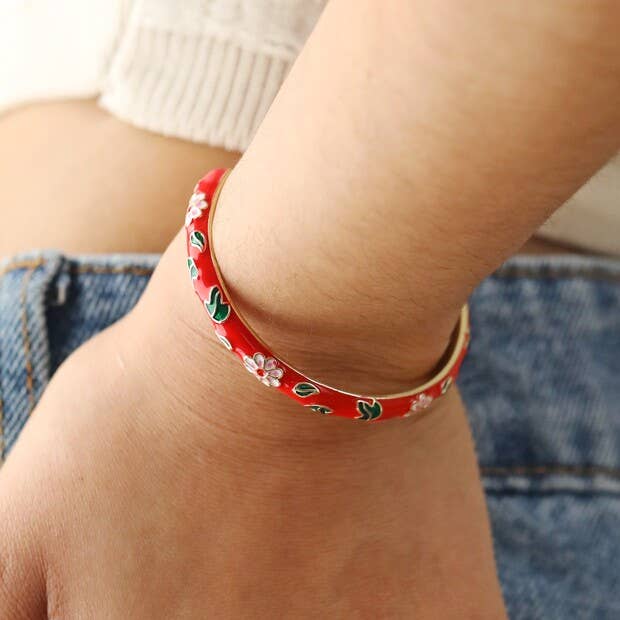 Red Cloisonné Bangle in Gold