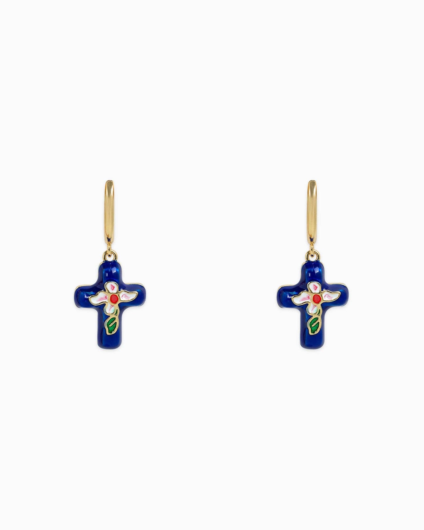 Porcelain Inspired Vintage Floral Cross Earrings