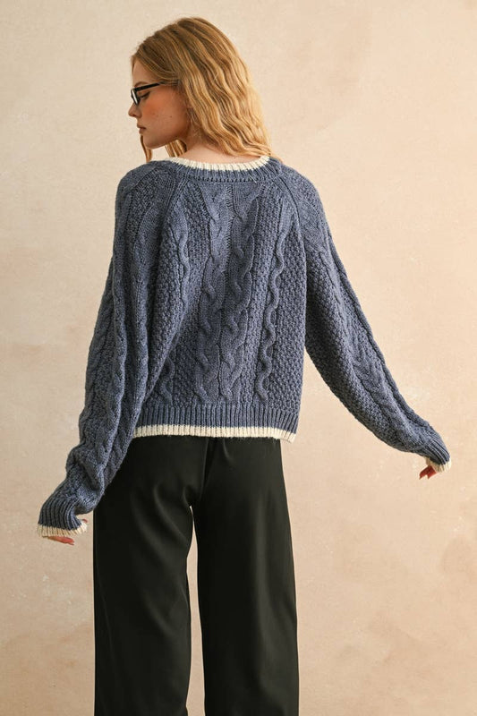 navy cable knit button up