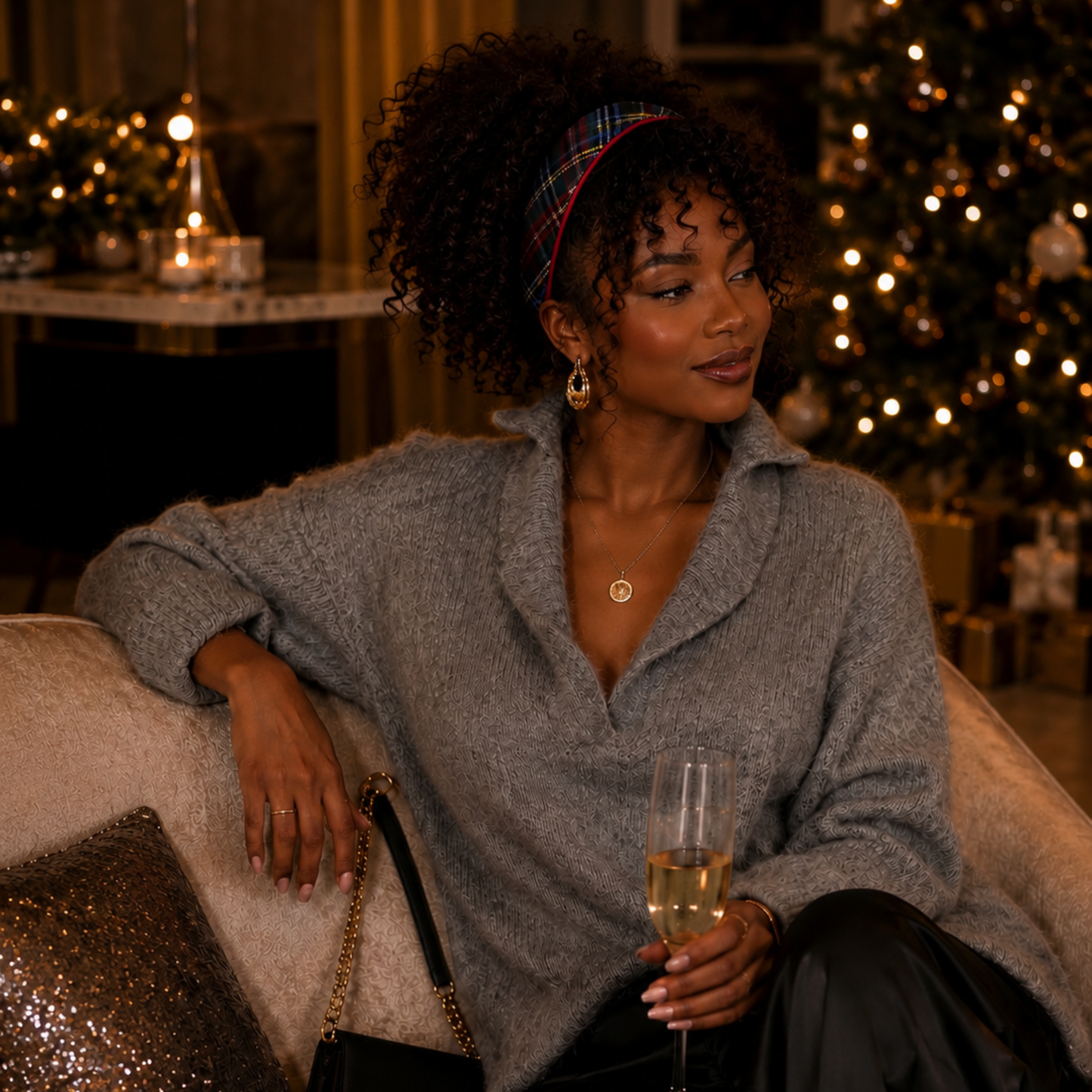 Ellison+Young Holiday Satin Plaid Piped Headband, Limited Edition