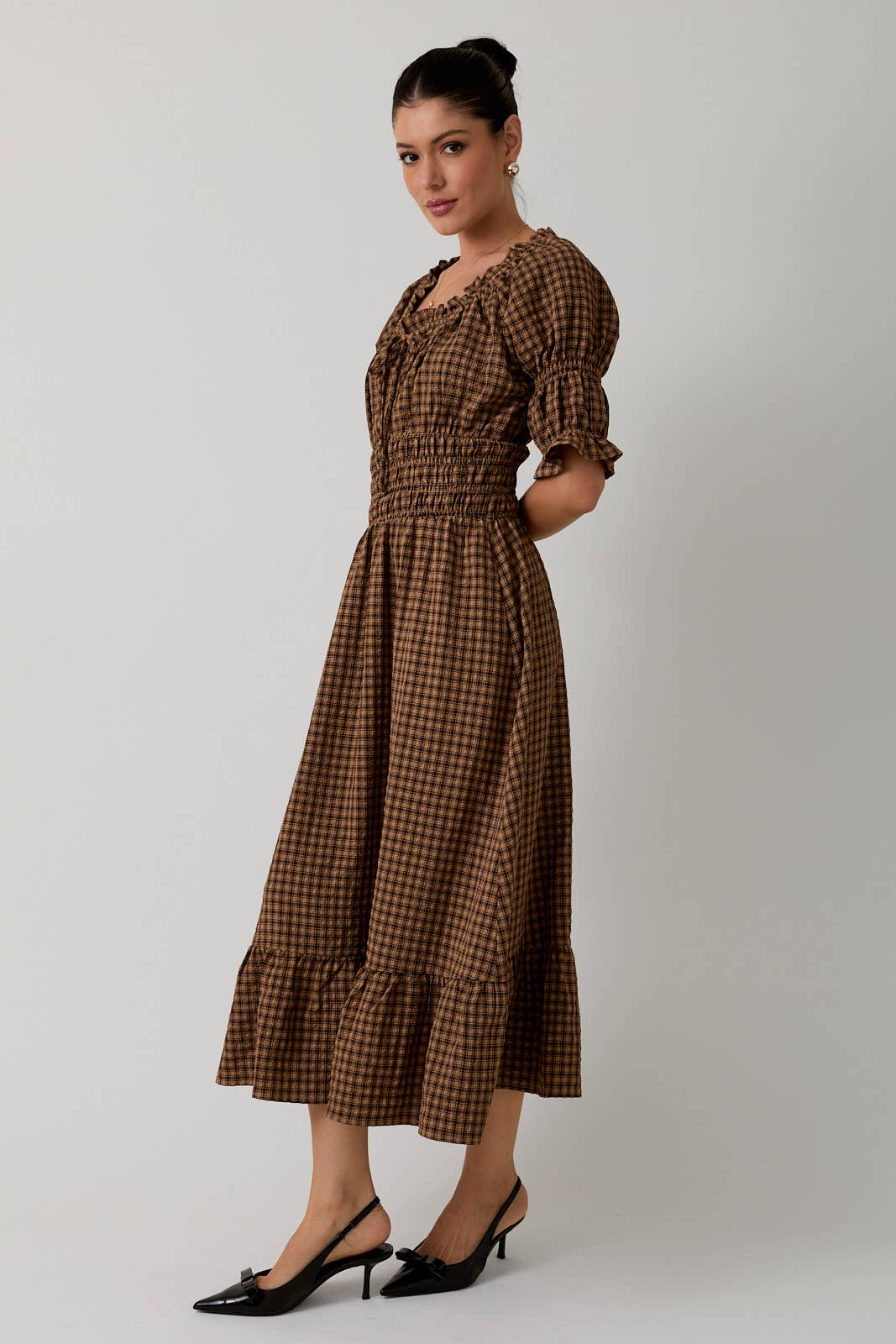 gingham smocked midi dress