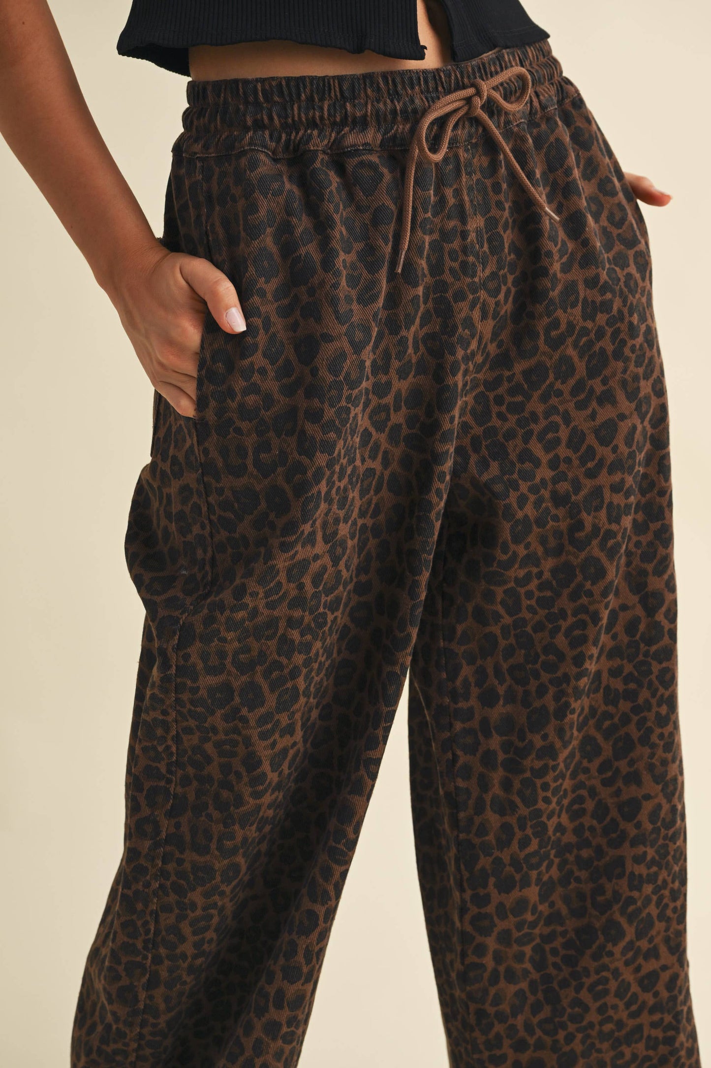 leopard denim track pants