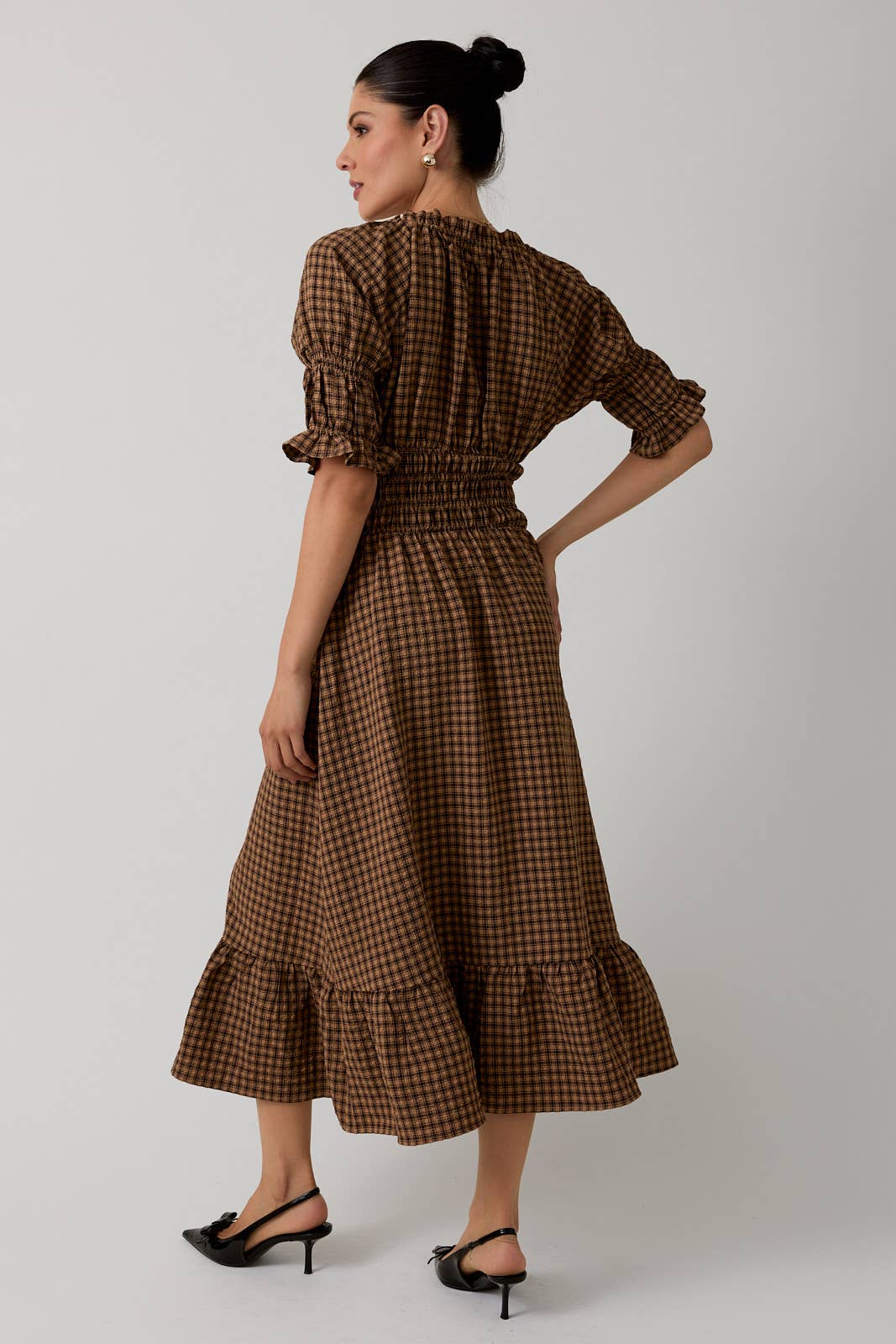 gingham smocked midi dress