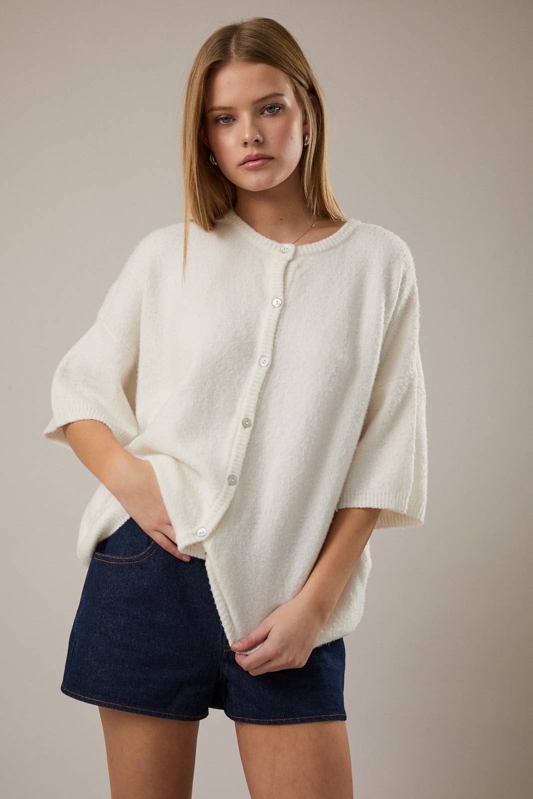 white short sleeve cardigan