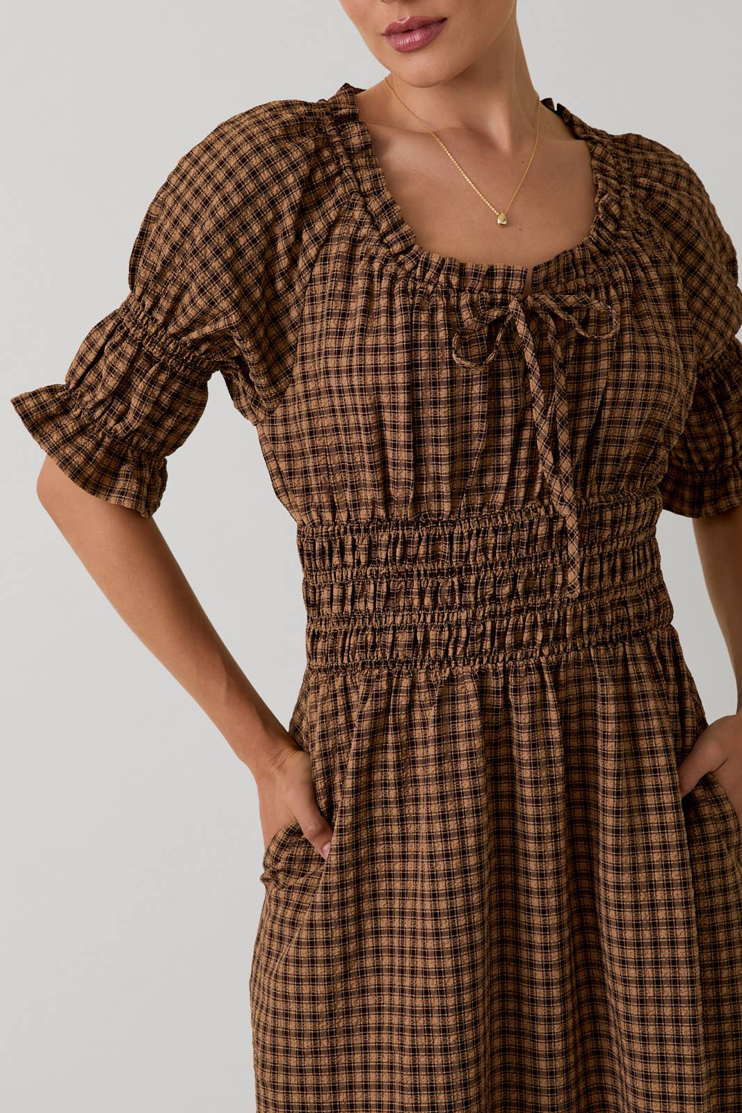 gingham smocked midi dress