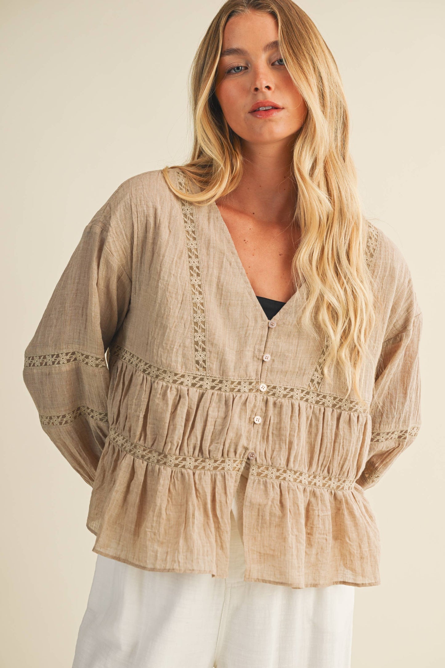taupe ruffle blouse