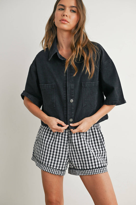 cropped dark denim button up