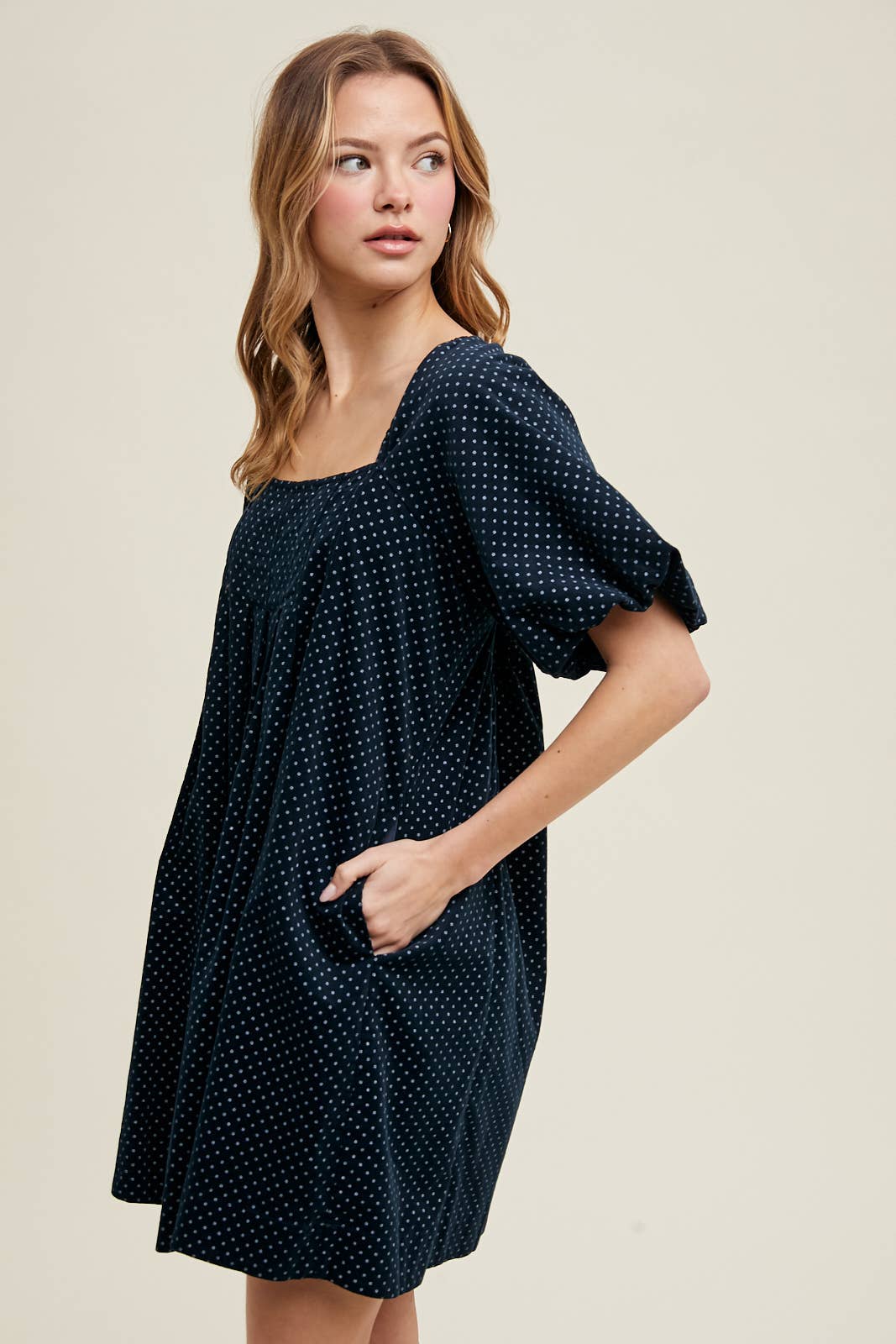 navy polka dot mini dress
