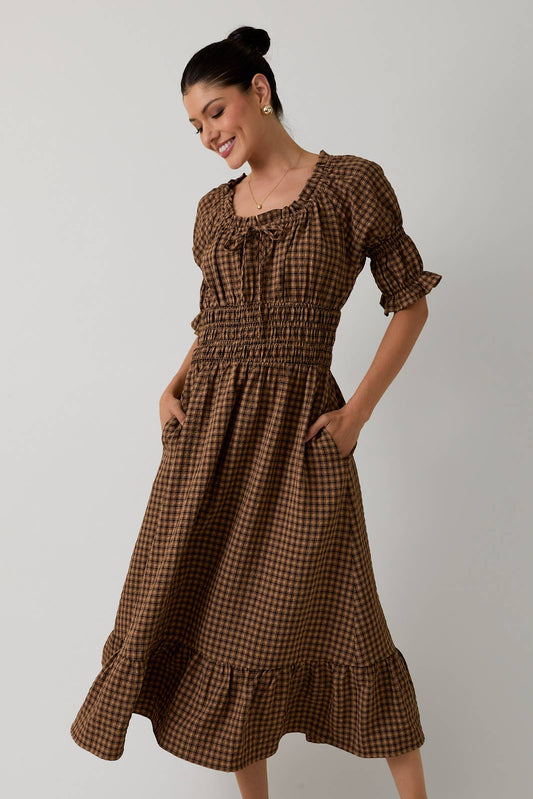 gingham smocked midi dress