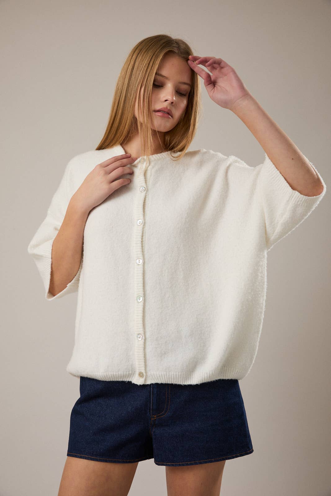 white short sleeve cardigan