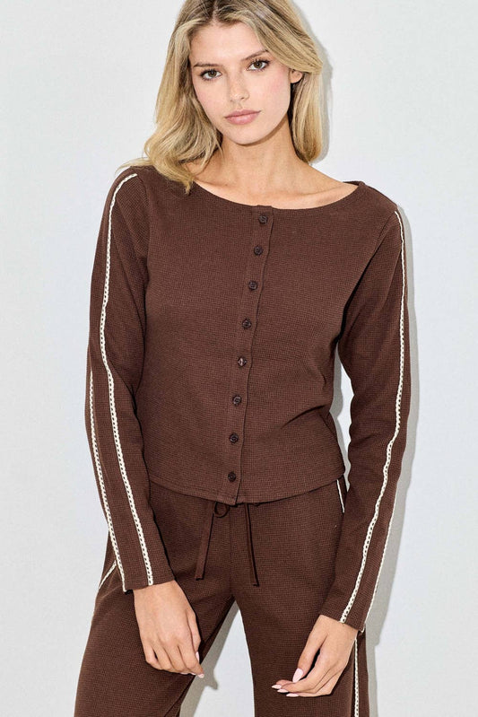 brown waffle button up