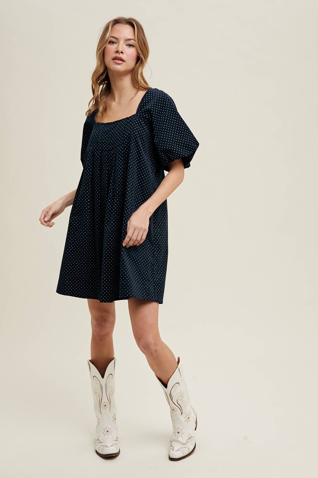navy polka dot mini dress