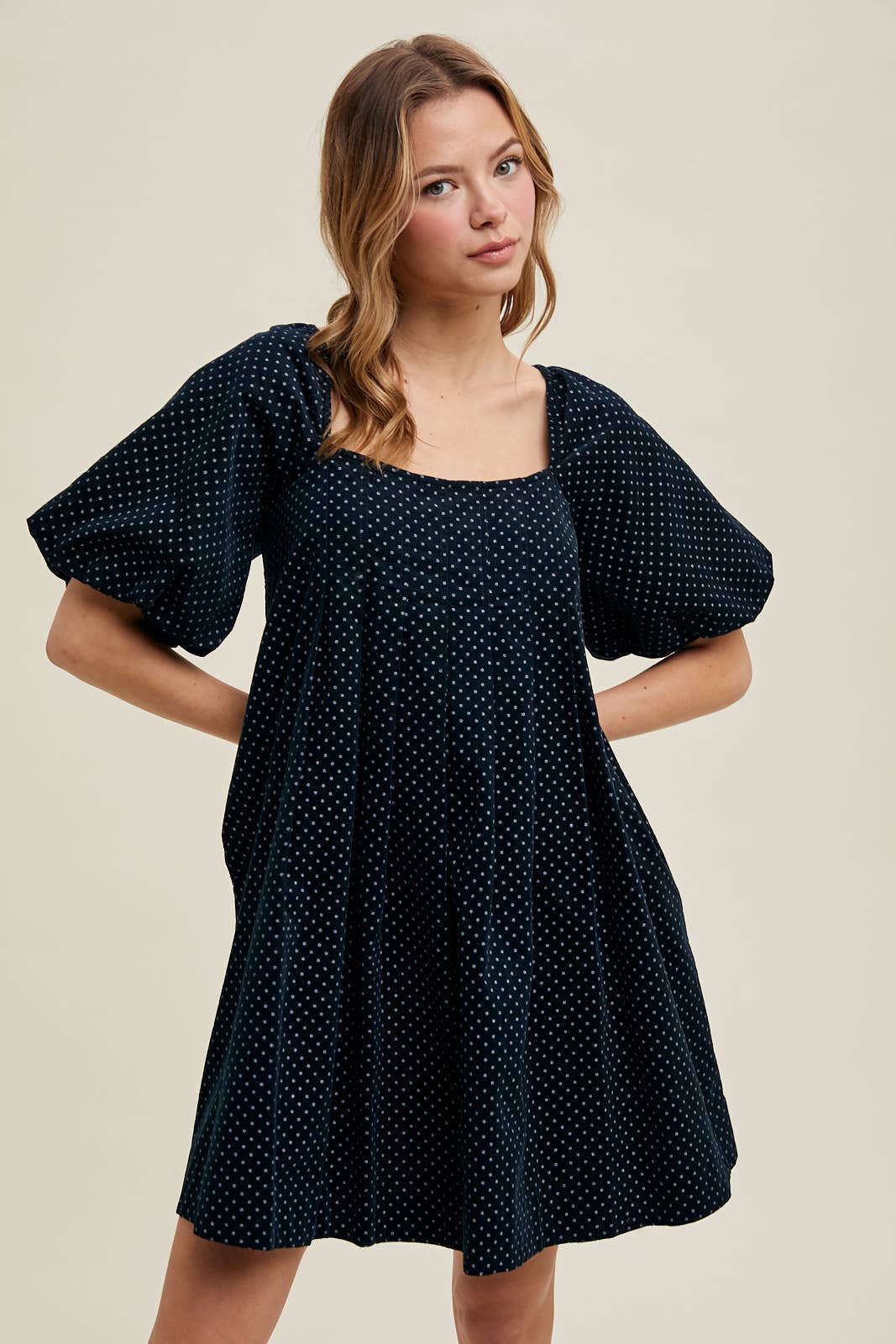 navy polka dot mini dress