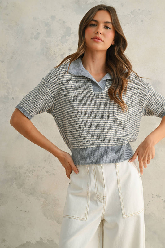 blue knit blouse