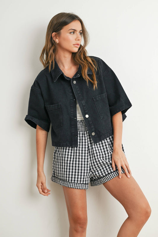 cropped dark denim button up