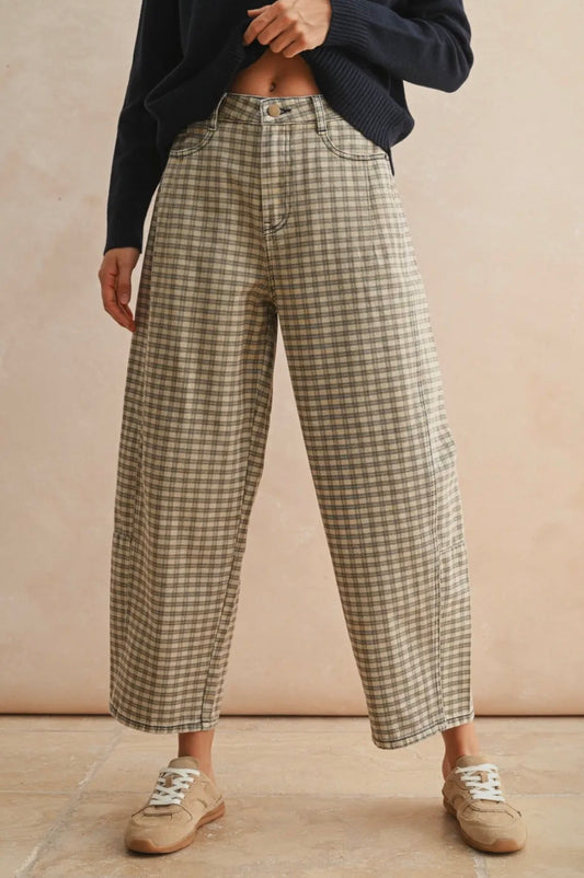 brown gingham barrel pants
