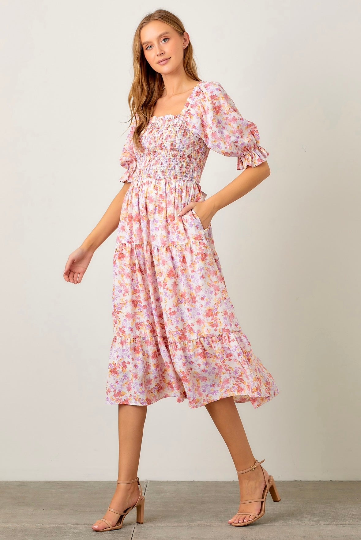 floral smocked midi dress