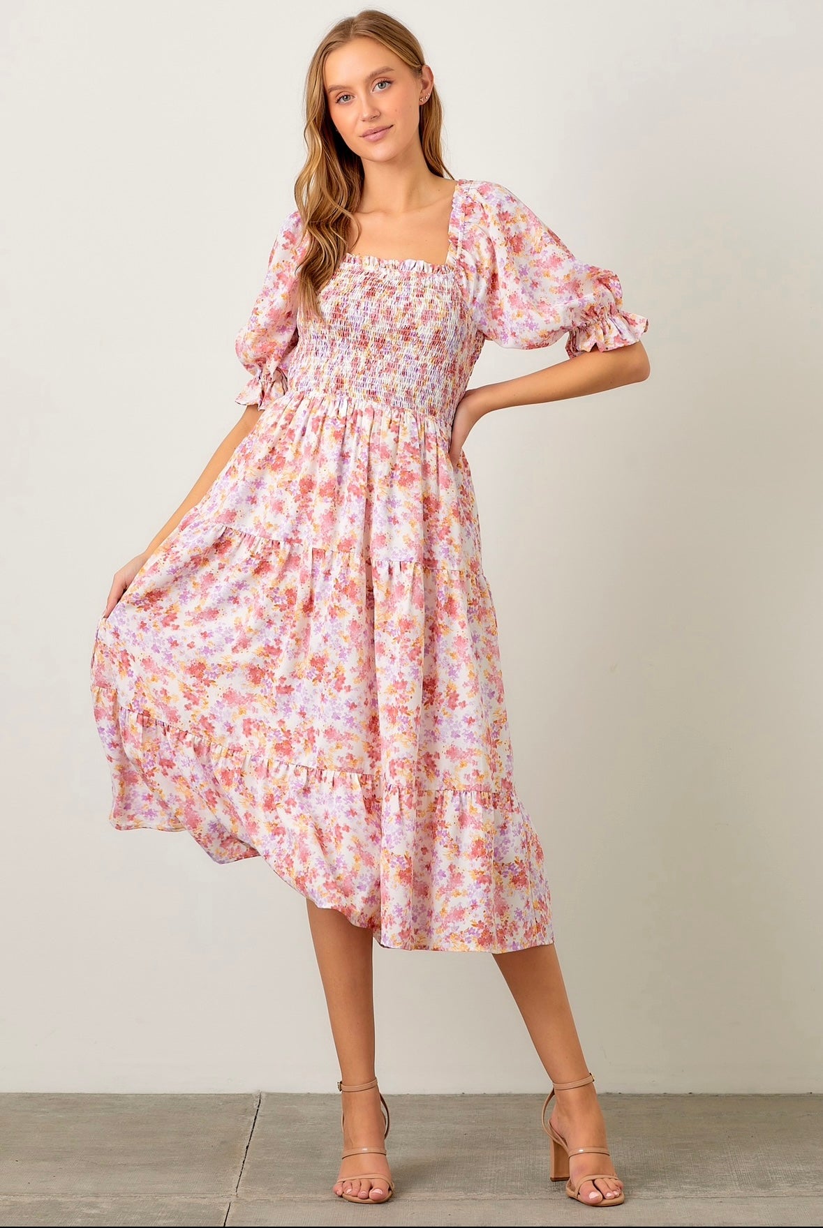 floral smocked midi dress