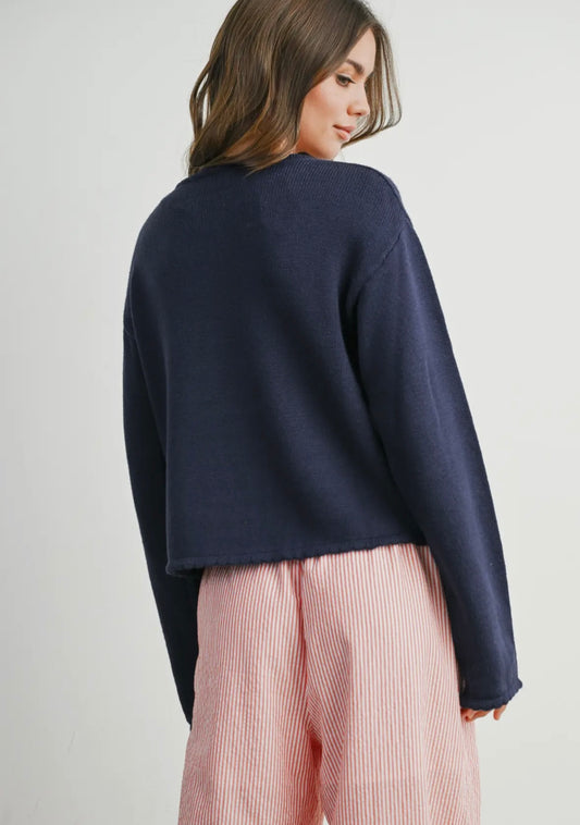 cropped navy scalloped sweater