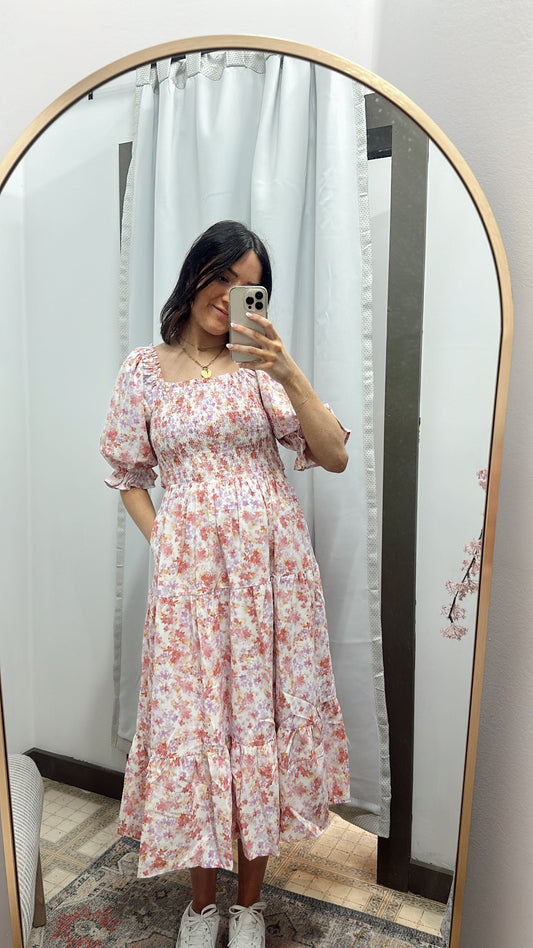 floral smocked midi dress