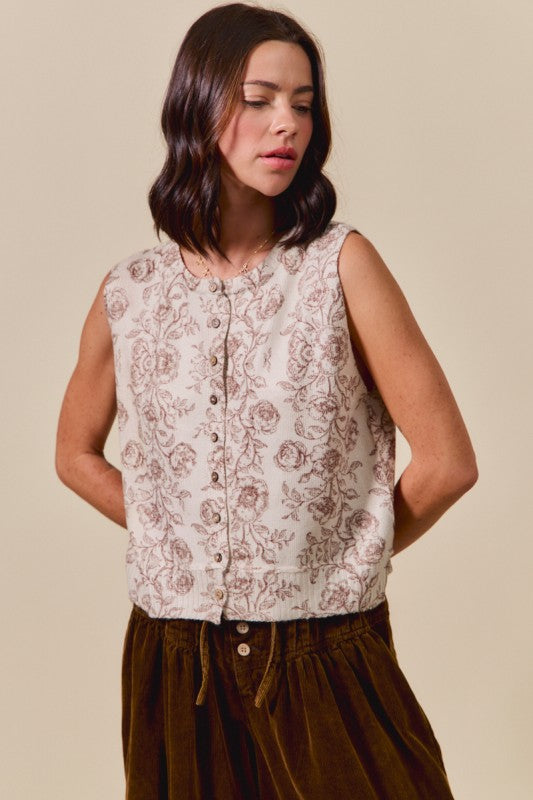 maroon floral vest