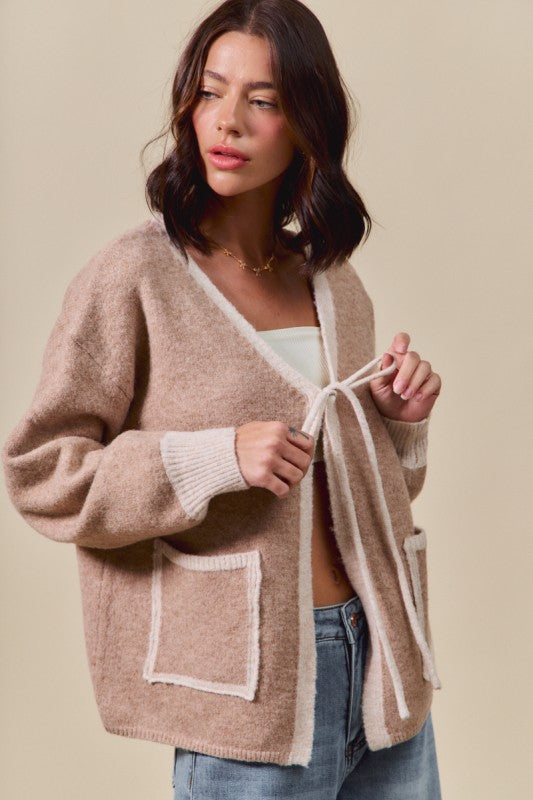 taupe ribbon tie sweater