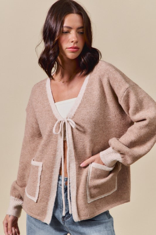 taupe ribbon tie sweater