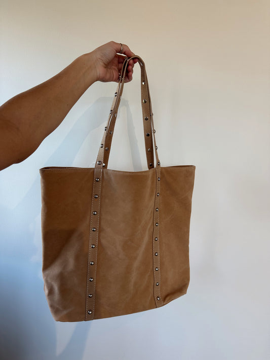 khaki studded tote bag