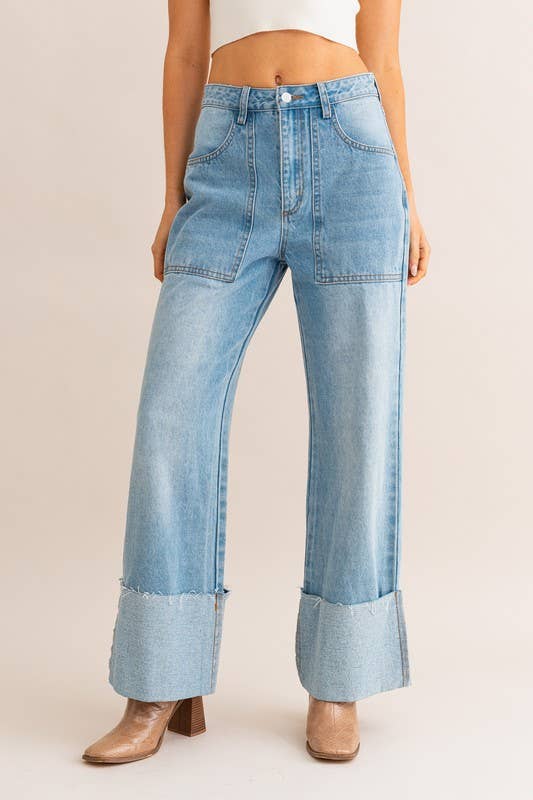 wide leg cuffed jeans