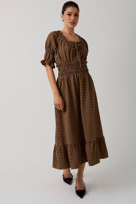 gingham smocked midi dress