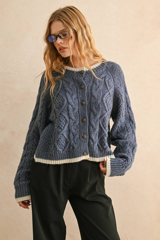 navy cable knit button up