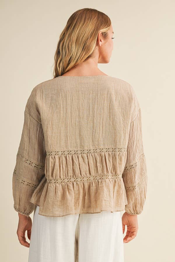 taupe ruffle blouse